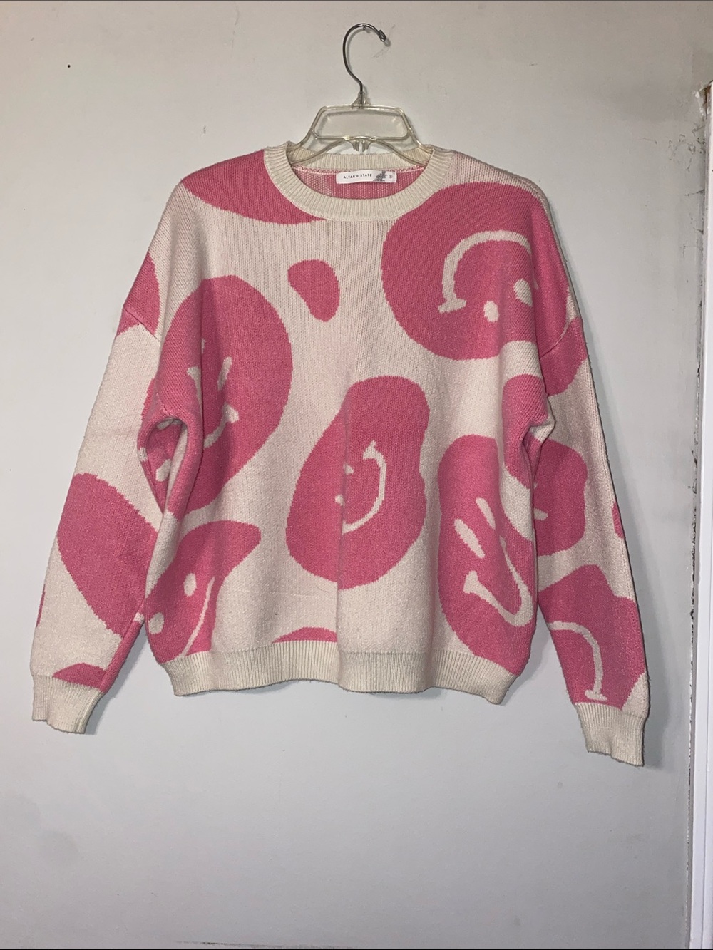 Altar'd State Cream Crewneck Sweater with Pink Graphic Smiley Faces